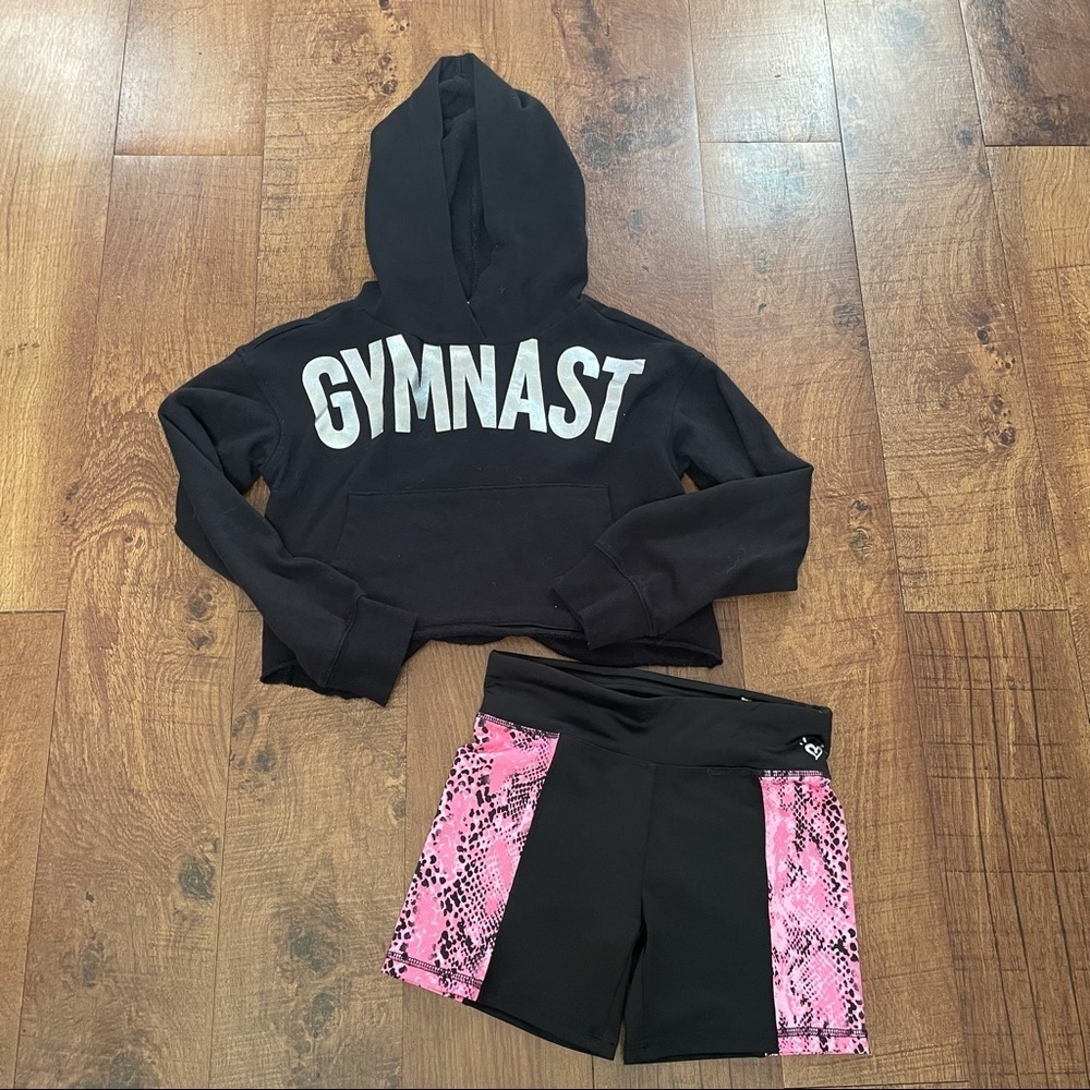 Justice active  girls outfit sz 12 shorts hoodie black pink silver white